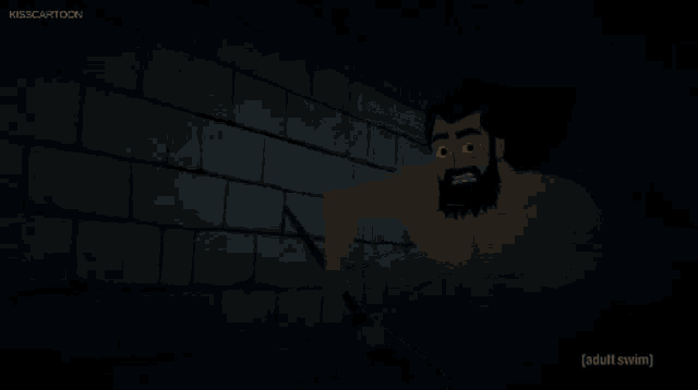 a cartoon of a shirtless man running in a dark room with adult swim written on the bottom of the screen