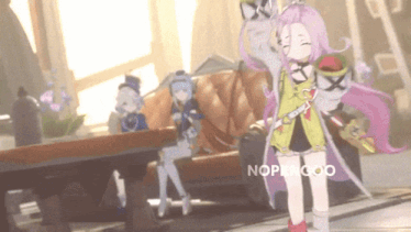 a girl with pink hair is standing in front of a couch and a table with the word nope on it