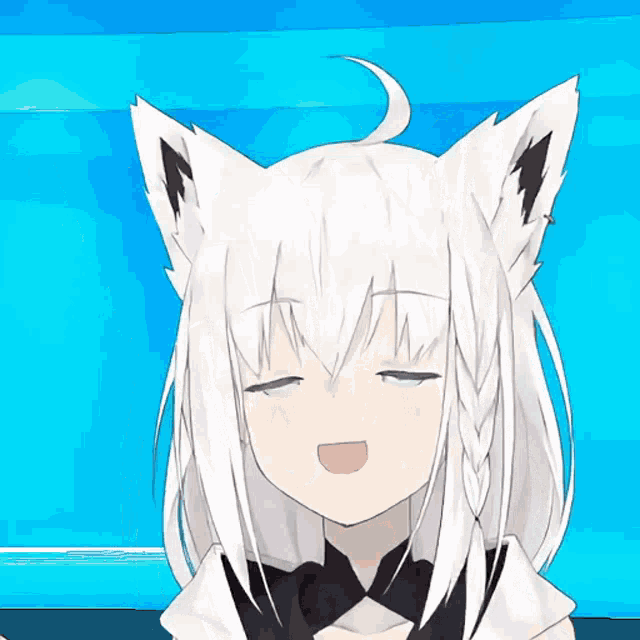 a girl with white hair and black ears is smiling