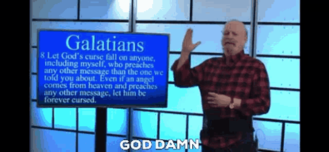 a man stands in front of a sign that says " galatians "