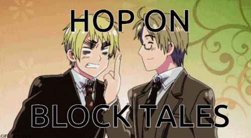 two anime characters are standing next to each other with the words hop on block tales