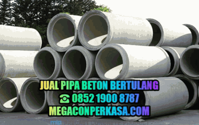 a bunch of concrete pipes stacked on top of each other with the website megaconperkasa.com at the bottom