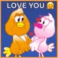 a couple of birds holding hands with the words `` love you '' .