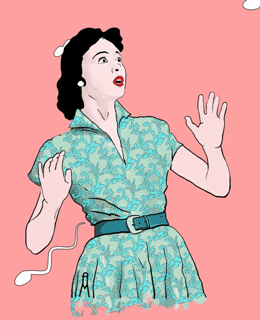 a woman in a blue dress with a belt is looking up at a sperm coming out of her head