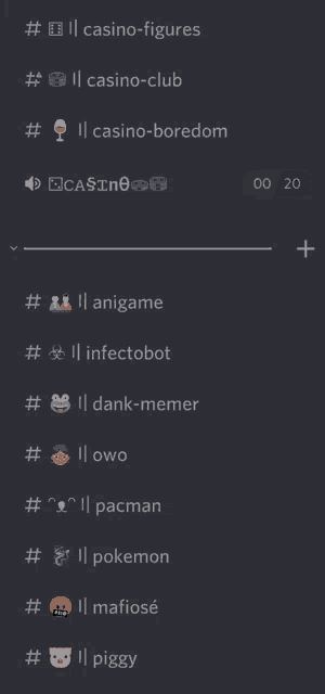 a screenshot of a discord channel shows a list of hashtags including # casino-figures