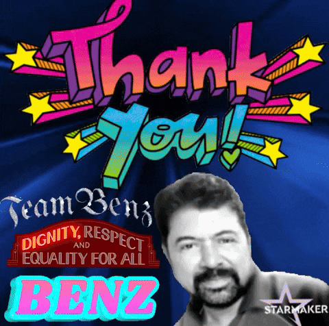 a man is standing in front of a thank you sign