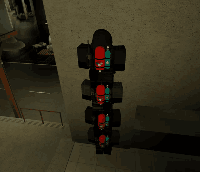 a row of traffic lights with red and blue cylinders on them