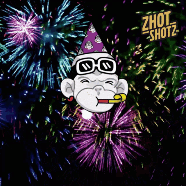 a cartoon of a monkey wearing a party hat and glasses with fireworks in the background