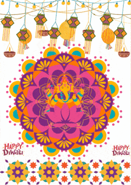 a happy diwali greeting card with a colorful mandala and lanterns