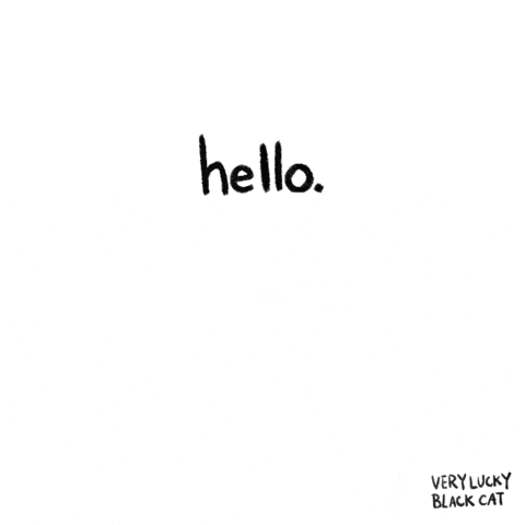a black cat with yellow eyes and the words hello above it