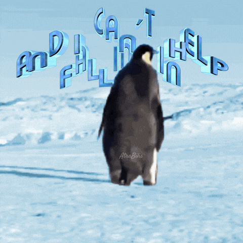 a picture of a penguin with the words " and i can 't help falling in wlove "