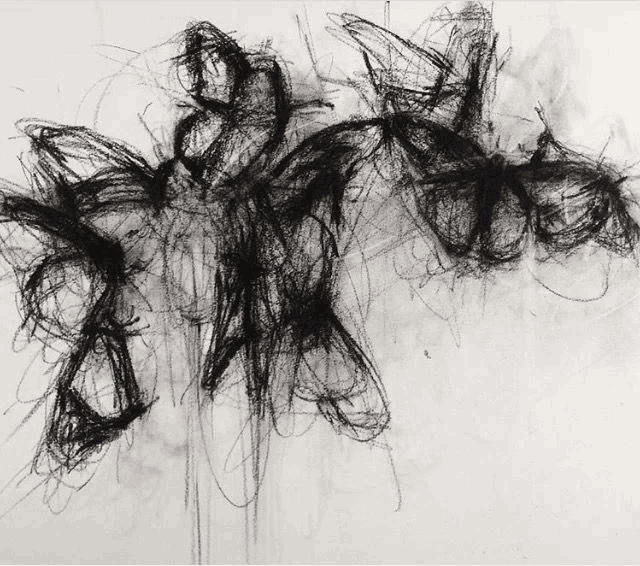 a black and white drawing of a bunch of birds
