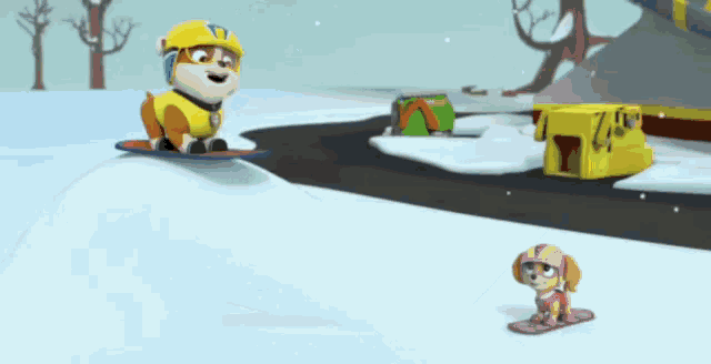 a cartoon dog is riding a snowboard on top of a snowy hill .