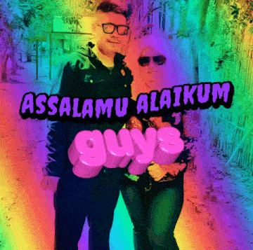 a man and a woman are standing next to each other with the words assalamu alaikum guys behind them