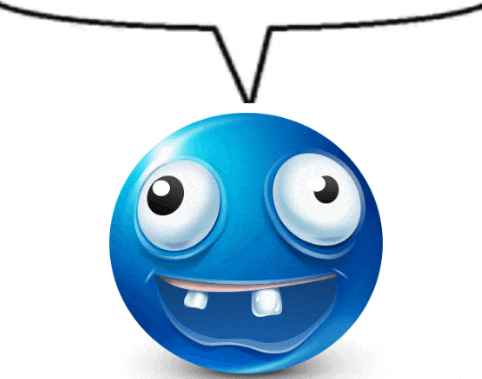 a blue face with big eyes and a speech bubble above it