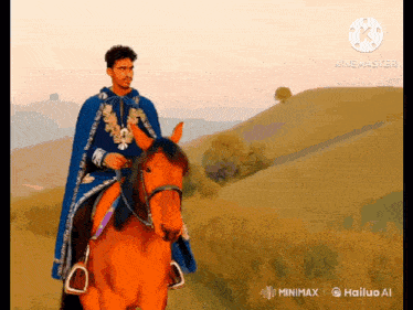 a man in a blue cape riding a brown horse