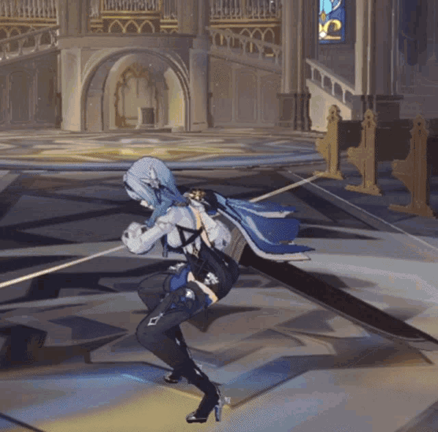 a woman in a video game is holding a sword in a church