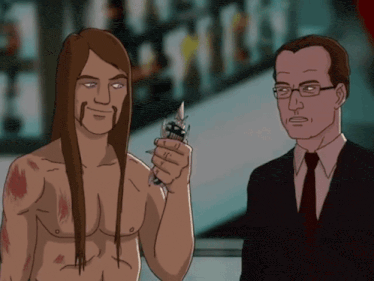 a man with long hair is holding a knife next to a man in a suit and tie