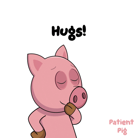 a cartoon pig is blowing a kiss with the words hugs above it