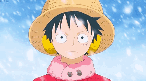 luffy from one piece is wearing a straw hat and a pink jacket .