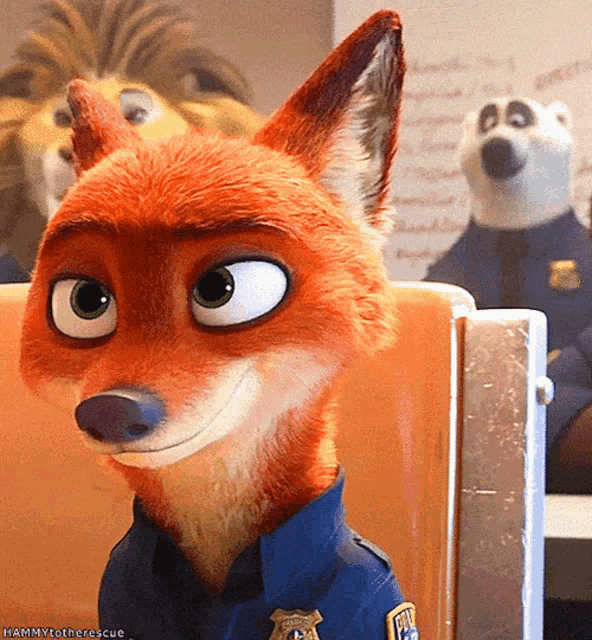 a close up of a cartoon fox wearing a police uniform with the hashtag hammytotherescue