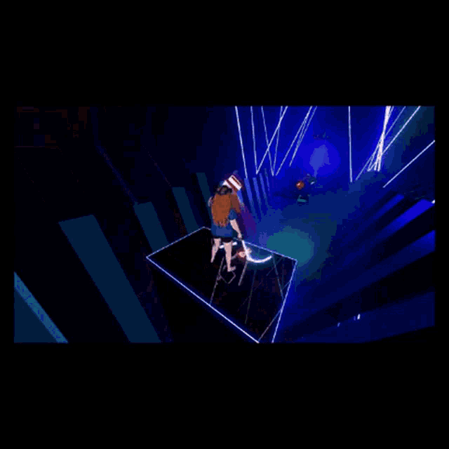 a woman is standing in a dark room with a lot of lights