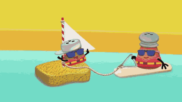 salt and pepper potatoes are floating on a raft in the water