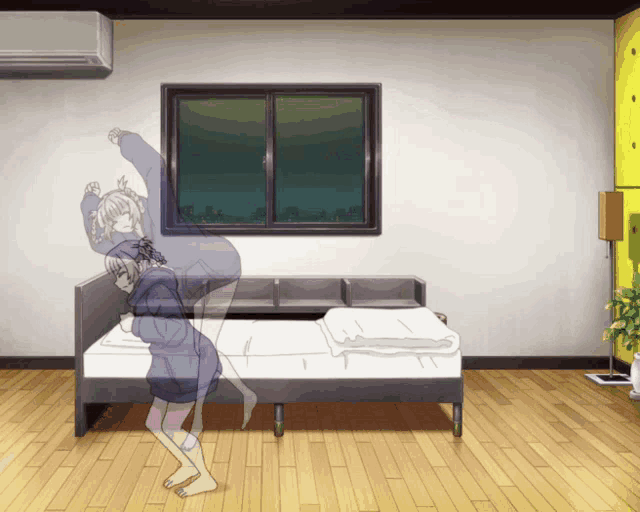 a drawing of a girl standing on a bed