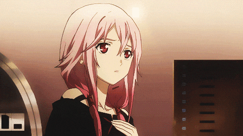 a girl with pink hair and red eyes stands in front of a clock that says l.