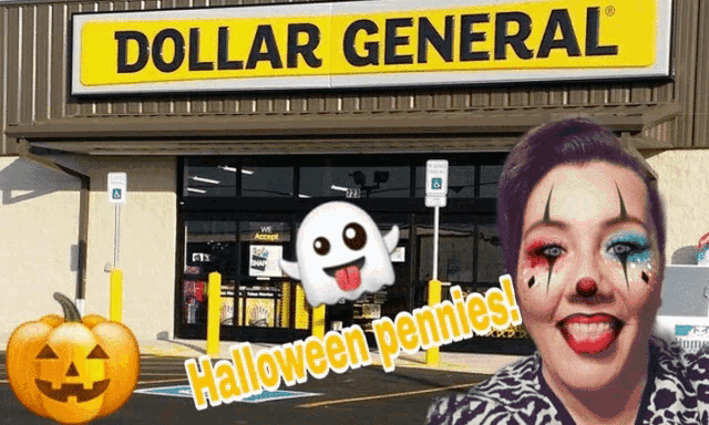 a woman dressed as a clown is standing in front of a dollar general store