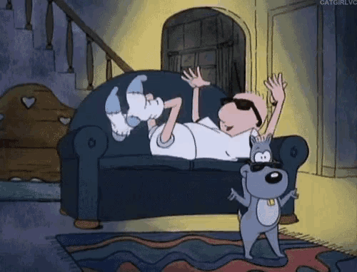 a cartoon of a man laying on a couch next to a dog wearing sunglasses .