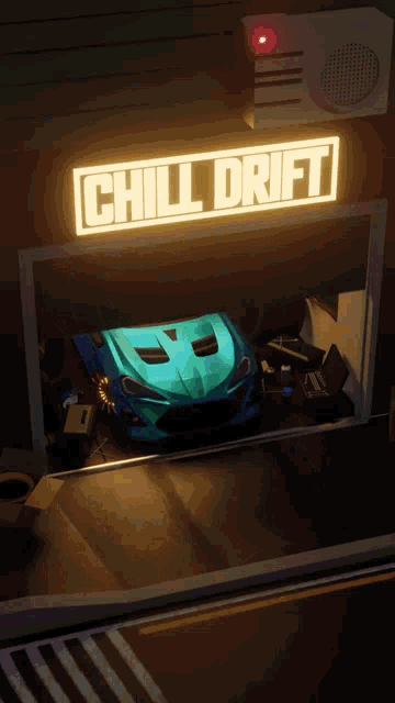 a car is parked under a sign that says chill drift