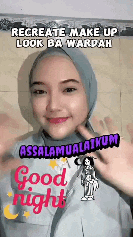 a woman wearing a hijab is waving her hands and says good night .