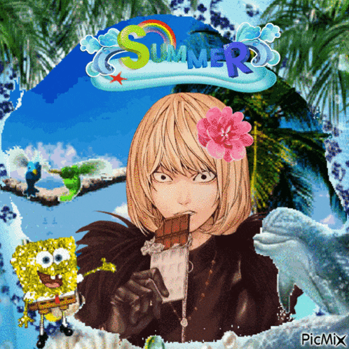 a picture of a girl with a flower in her hair and the words summer on the top