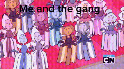 a bunch of cartoon characters are standing next to each other on a red background .