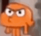 a close up of a cartoon character with big eyes and a very angry look on his face .