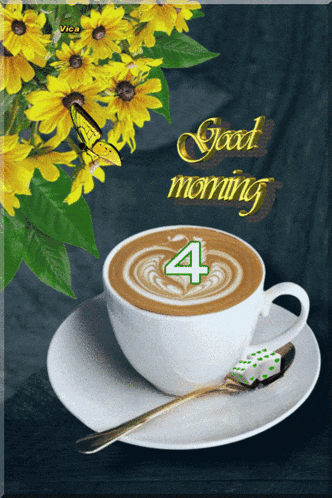 a cup of coffee on a saucer with the number 4 on it