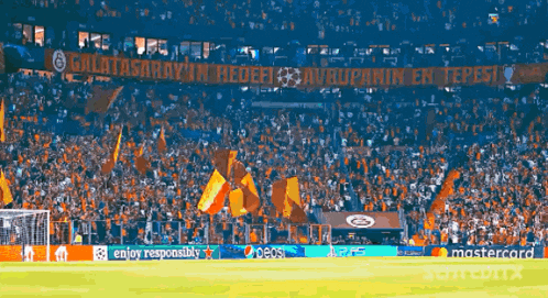 a soccer field with a banner that says enjoy responsibly on it