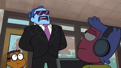 a cartoon character wearing sunglasses and a suit is standing next to another character