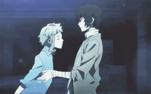 two anime characters are standing next to each other and one has a bandage on his arm