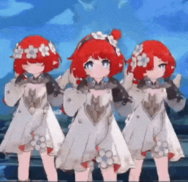 three anime girls with red hair are standing next to each other in a line .