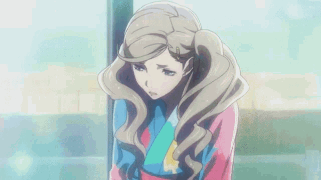 a girl in a colorful kimono is standing in front of a window