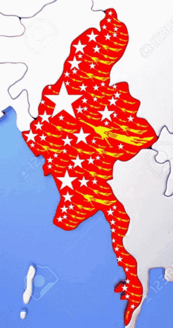 a map of myanmar with red and yellow stars on a blue background