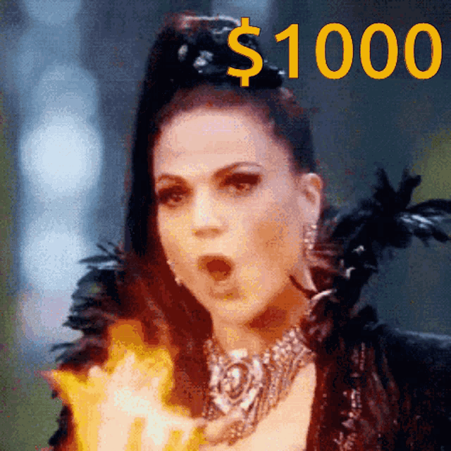 a woman with a surprised look on her face is holding a fire in front of a 1000 dollar sign