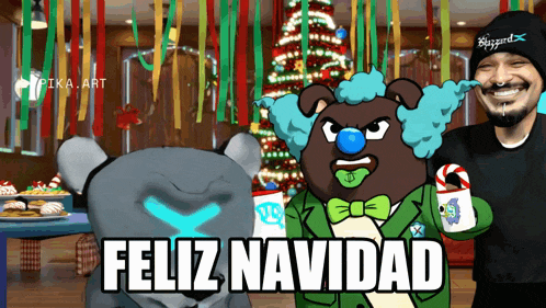 a man wearing a blizzard hat stands in front of a christmas tree with two cartoon characters and says feliz navidad