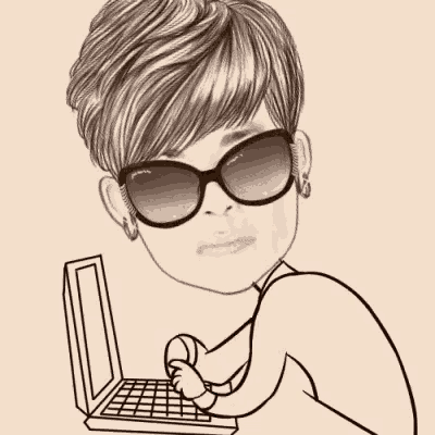 a black and white drawing of a woman wearing sunglasses while typing on a laptop .