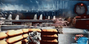 a video game is being played with a soldier standing in front of a bunch of sandbags