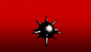 a black ball with spikes on a red background .