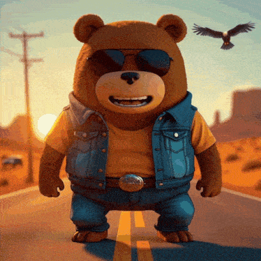 a bear wearing sunglasses and a denim vest is standing on a road