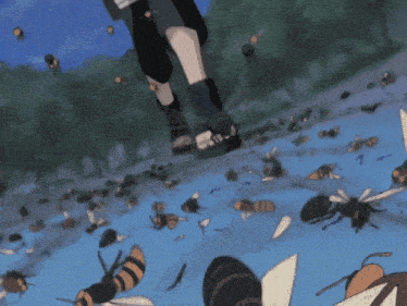 a person is walking through a field of bees and butterflies